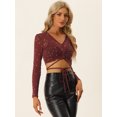 thumbnail image 4 of Blusa de fiesta para mujer de manga larga de malla transparente con lazo y brillo Rojo oscuro XS, 4 of 6