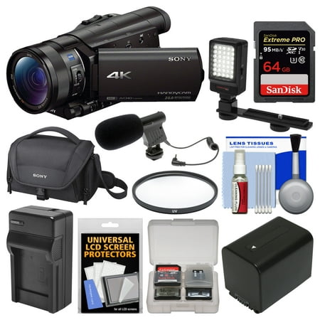 Sony Handycam FDR-AX100 Wi-Fi 4K HD Video Camera Camcorder with 64GB Card + Case + LED Light + Battery + Charger + Mic + Filter +