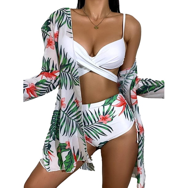 Lilosy Floral Tropical Cintura alta Wrap Traje de baño con playa Kimono Cubrir Ups Traje de baño de 3 piezas Bikini acolchado Traje de baño Conjunto Zhivalor WMZL-1797-19