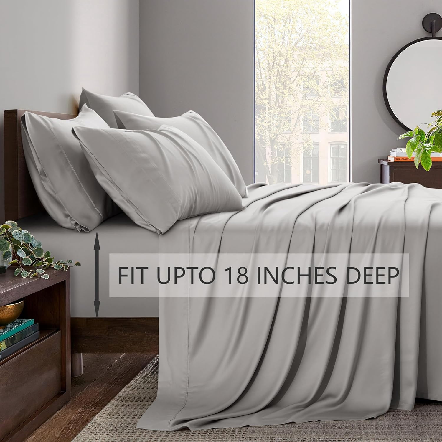 American Home Collection Bamboo Viscose Sheet Set - Silky Soft, Cooling for Hot Sleepers - 18 Inches Deep Pocket - Premium Sateen Finish - California King, Grey