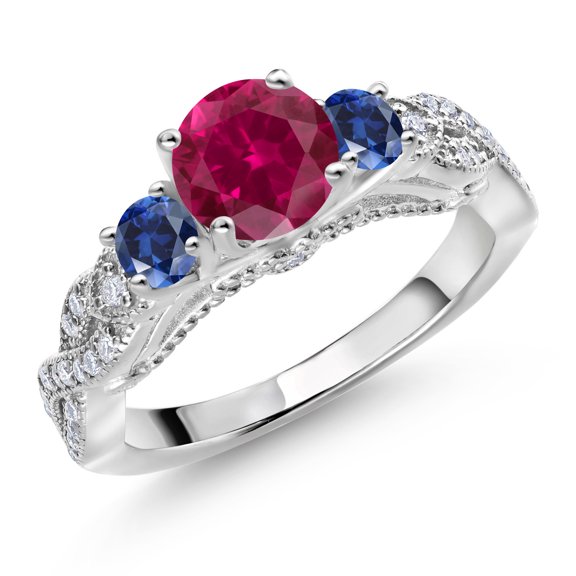 Gem Stone King 925 Sterling Silver Red Created Ruby Blue Created Sapphire and White Moissanite Engagement Ring for Women (1.55 Cttw, Gemstone July Birthstone, Round 6MM and 3MM, Size 7)