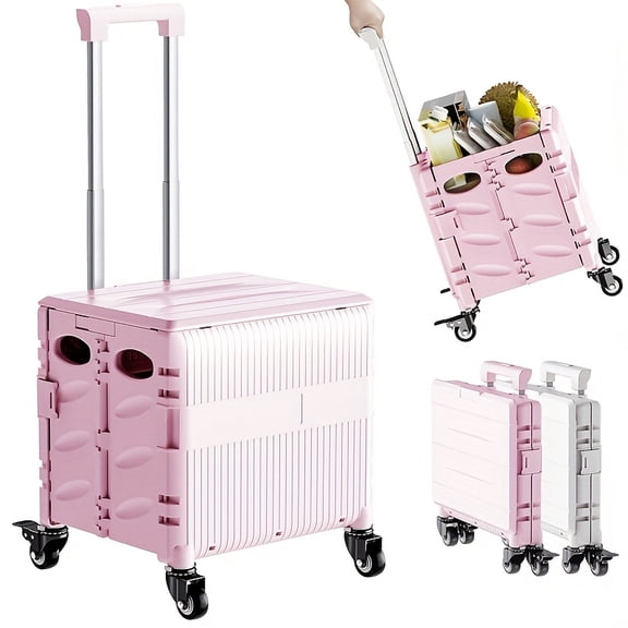 Heavy-Duty Foldable Utility Cart with 360° Swivel Wheels, Telescoping Handle, Light Purple Rolling Crate, Durable Portable for Shopping, Moving, Travel, Office & Versatile Storage