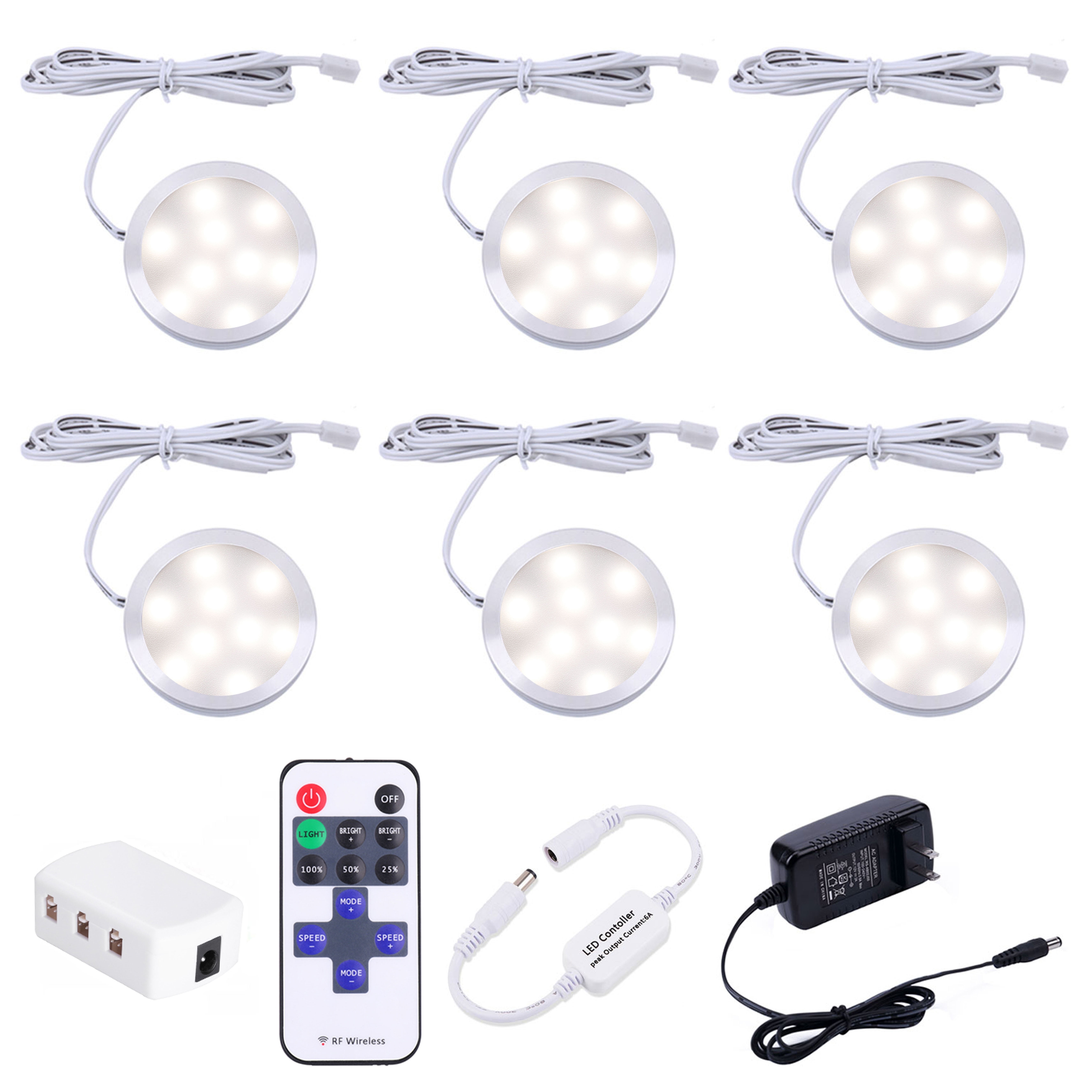 AIBOO Dimmable LED Under Cabinet Lighting, Counter Showcase Kitchen Lighting Fixtures with 12V Plug in adapter and Dimmable Wireless Remote Control, 6 Ultra Slim Puck Lights Kit