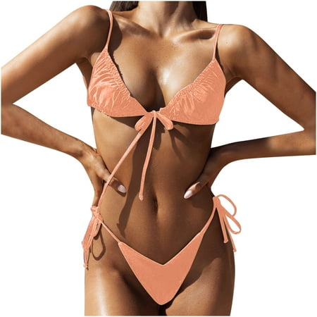 

VKEKIEO Two-Piece Sets Swimsuit Sport Bra Style Soft Cup Orange L