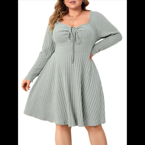 Vestido Casual de Mujer de Talla Grande con Cuello Cuadrado, Larga y Canalé. Gris XXXL