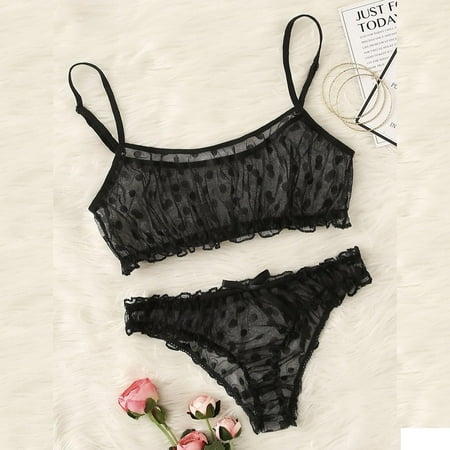 

〖TOTO〗Bra Brief Sets New Women Dot Mesh Bra Bowknot Underpants Sleepwear Black Lingerie Set S-Xl
