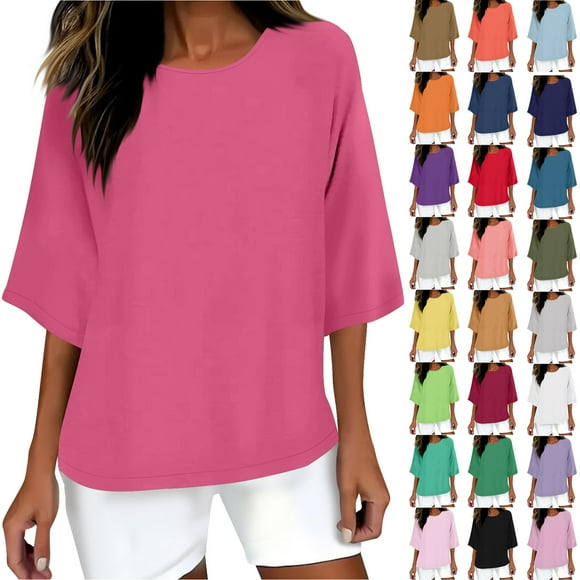QATAINLAV on Sale Clearance, 3/4 Length Sleeve Shirts for Women 2025 Casual Summer Blouses Loose Fit Plus Size Crewneck Tops Solid Color Pullover Pink L