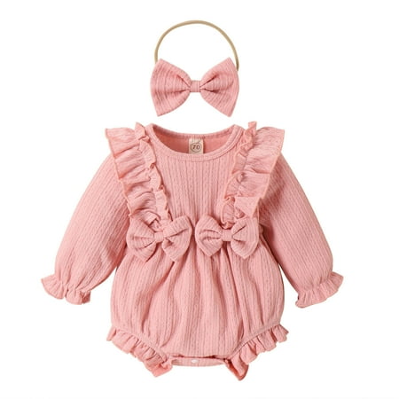 

WIQUOKETT Girls Long Sleeve Solid Bowknot Romper Bodysuits Headbands Set