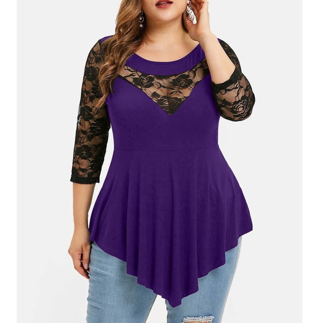 Puntoco moda mujer sólido Floral encaje cuello redondo asimétrico tres cuartos tops blusa Puntoco Puntoco-8782