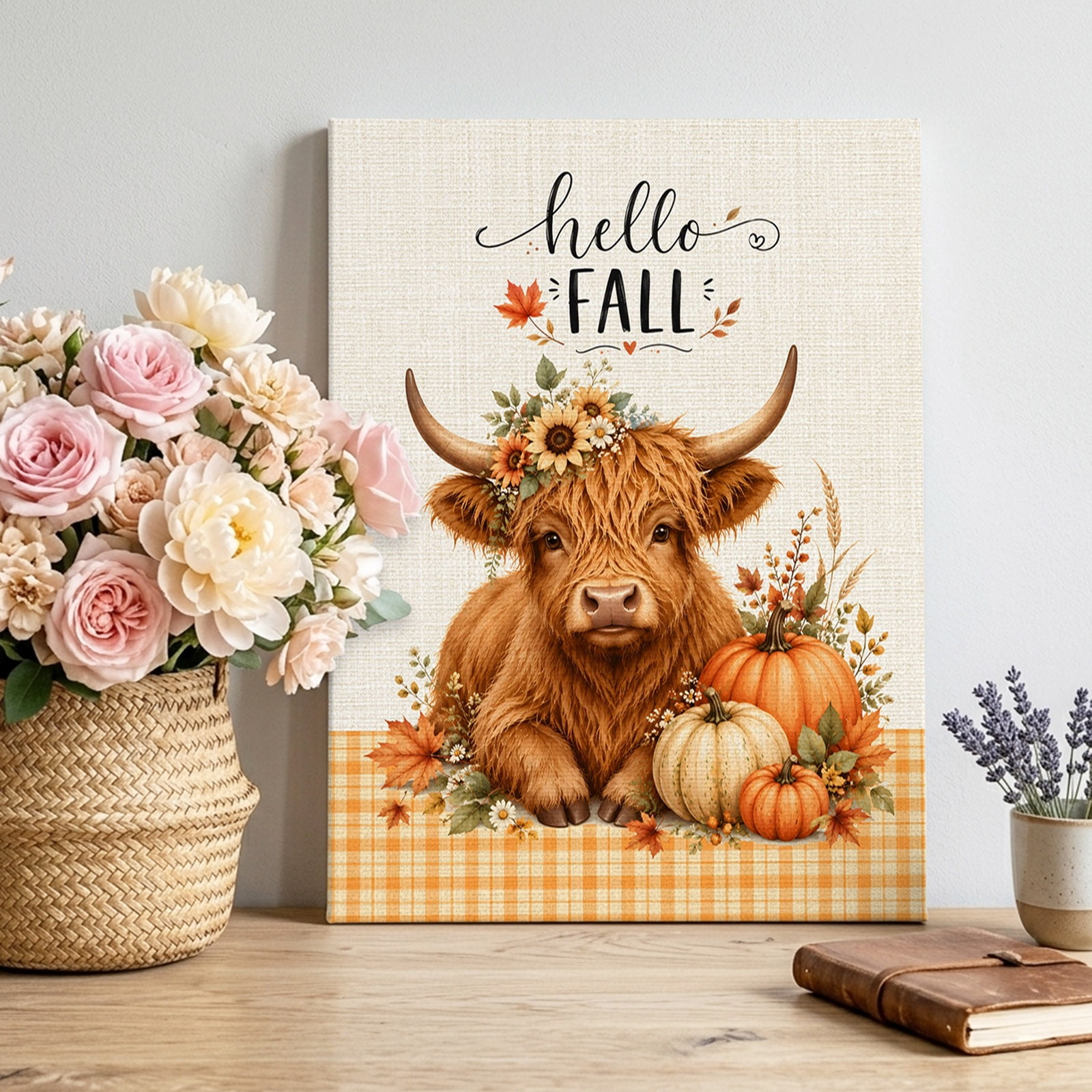 Canvas Wall Art Hello Fall Framed Canvas Prints for Living Room Bedroom Pumpkins Thanksgiving Orange Checked Large Gallery Wrapped Wall Decor for Home Office Gifts 16 x20 Ship Next Day