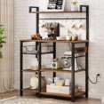 thumbnail image 2 of Kitchen Baker's Rack with Power Outlet, Industrial Microwave Stand with Storage Shelves, Coffee Bar Station with Hooks & Wire Basket, Rustic Brown, 2 of 5