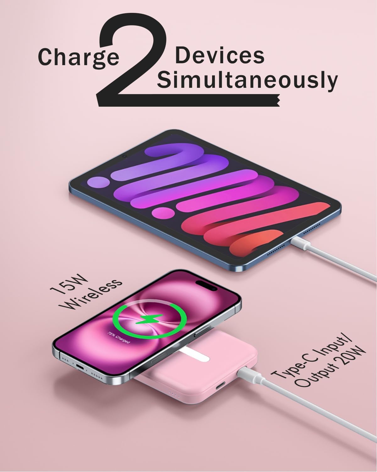 for Magsafe Battery Pack, 5000mAh Magnetic with Type-C Cable 20W PD Fast Charging Lighting Input Wireless Portable Charger for iPhone 17/16/15/14/13/12/ All Series-Pink