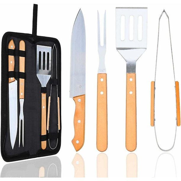 4 herramientas para barbacoa, accesorios de barbacoa de acero inoxidable premium con mango de madera, kit de barbacoa portátil con bolsa para camping, viajes, jardín, regalos para hombres (4 piezas)