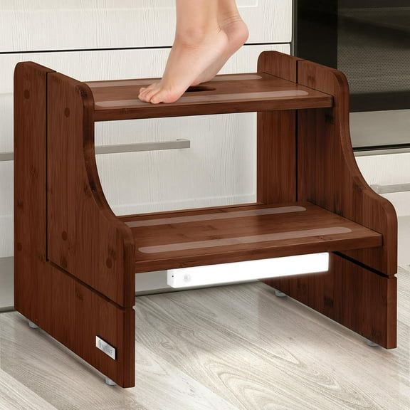 Kids Step Stool, 250lb Capacity - Sturdy, Safe and Durable, Toddler Step Stool for Toddlers, Bamboo Toddler Stool, Potty Training, Kitchen Wooden Stepping Stool with Auto Light (Dark Brown)