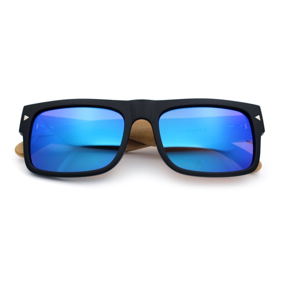 Thick Real Bamboo Wood Arm Square Narrow Rectangle Horn Rim Sunglasses Matte Black - Teal Mirror