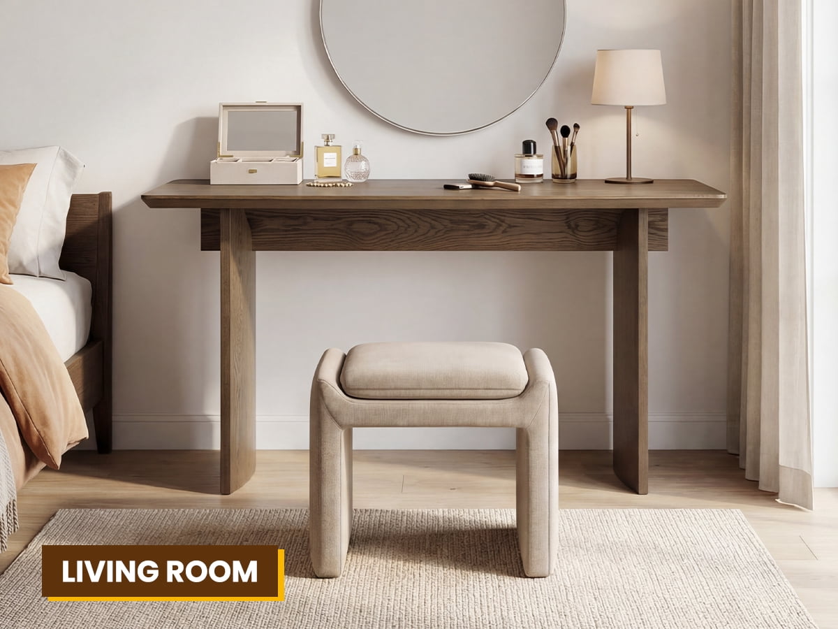 Guyou 55" Natural Oak Desk, Light Wood Finish MDF Study Table, Versatile Vanity & Office Desk with Sculptural Legs, Sturdy Two-Pedestal Design for Work & Study, Walnut