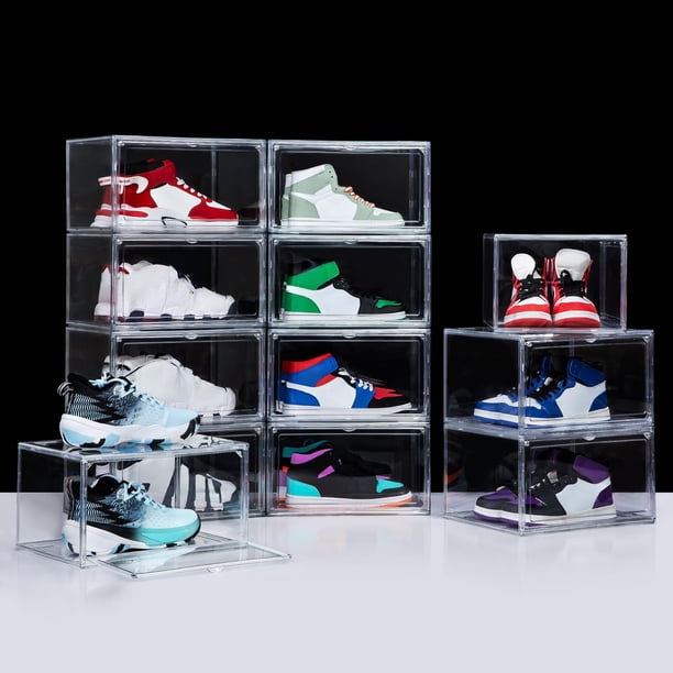 Paquete de 12 cajas de zapatos transparentes apilables de plástico organizador de almacenamiento con puerta magnética fundas laterales abiertas