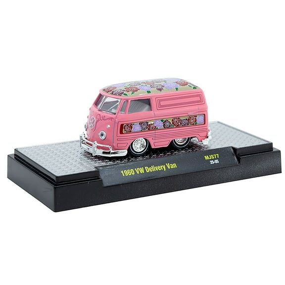 M2 Machines 1960 Volkswagen Delivery Van "Lowriders" Pink Metallic Flower Print Top and Side Stripes and White Interior Limited Edition to 4400 pieces Worldwide 1/64 Diecast Model Car by M2 Machines