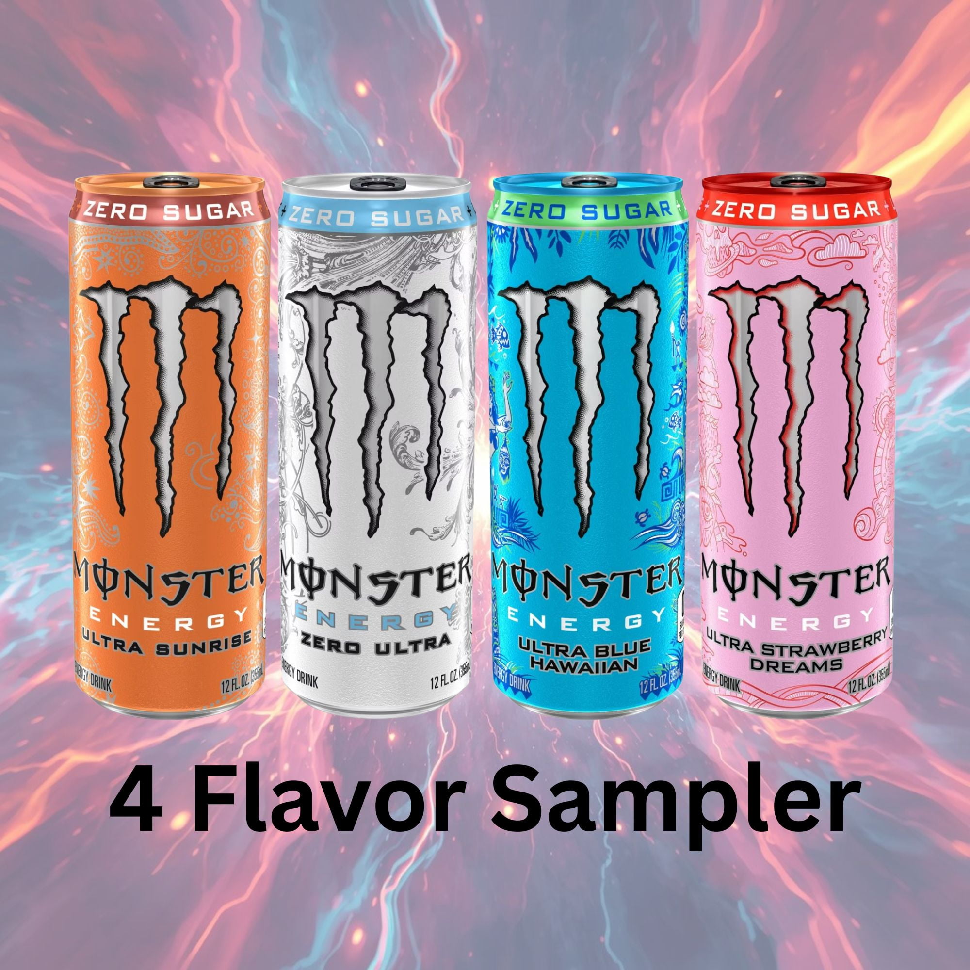 Monster Energy Ultra 12oz 4‑Flavor Sampler Pack – Zero Ultra, Blue Hawaiian, Sunrise & Strawberry Dreams (4 Cans)