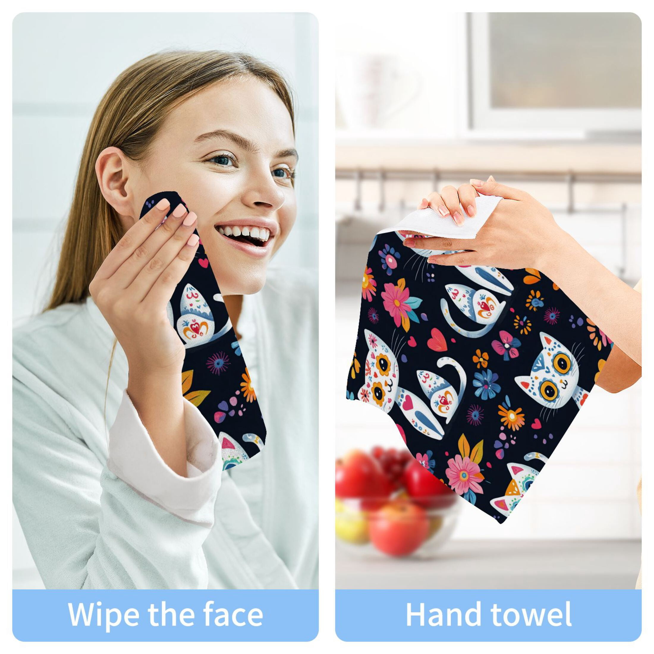 Playful Colorful Cat Pattern 100% Cotton Face Towel 12x12in Soft Absorbent Washcloth Durable Printed Hand Towels for Bathroom Travel 6 Pcs