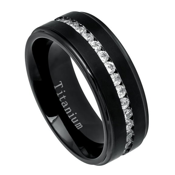 8MM Comfort Fit Titanium Wedding Band Black Brushed Center Shiny Edge CZ Eternity Ring (Size 7 to 15)
