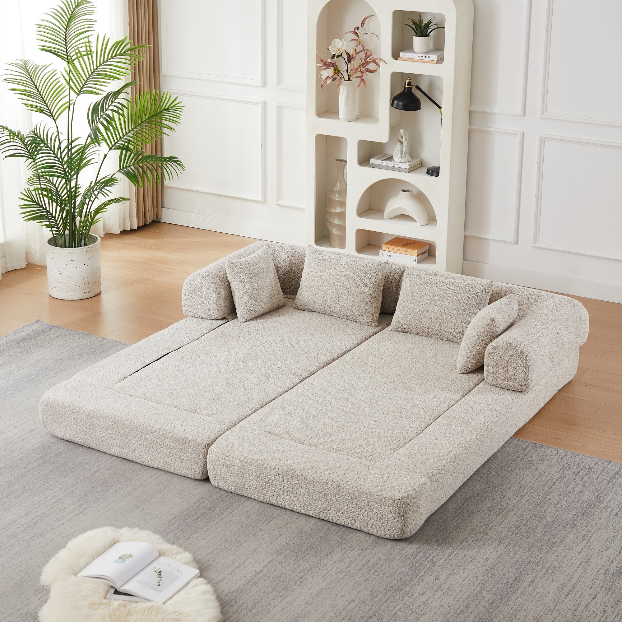 78.9inch Convertible Sleeper Sofa,Chenille Folding Mattress Sofa with DIY Removable Armrests,Floor Standing Lounge Sofa for Living Room Bedroom Small Space,khaki