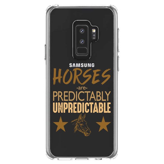 DistinctInk Clear Shockproof Hybrid Case for Samsung Galaxy S9  PLUS (6.2" Screen) - TPU Bumper Acrylic Back Tempered Glass Screen Protector - Horses are Predictably Unpredictable