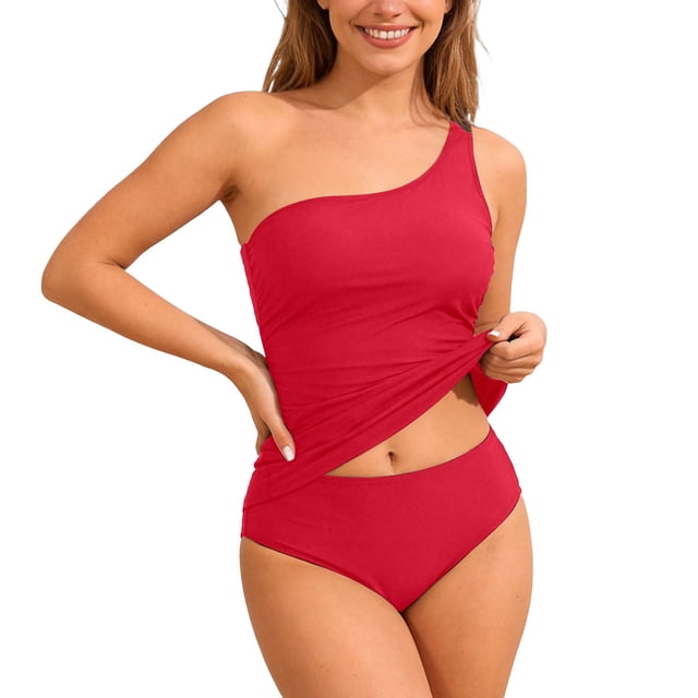 DGMIOCS Ensemble Tankini Modeste pour Femmes Bikini Grande Taille Rouge P