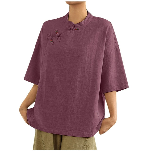 Camisas de Manga Corta para las Mujeres Blusas de Cuello Redondo con Botones Casuales, Camisa de Verano de Moda para Diarios Y Fiestas