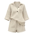 thumbnail image 5 of Women's Summer Linen 2 Piece Set V Neck 3/4 Sleeve Shorts Beach Casual, 5 of 8