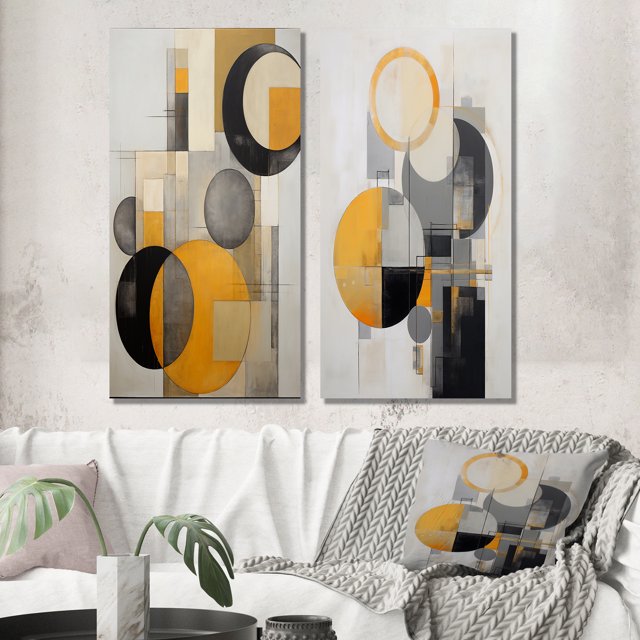 Designart "Retro Possibility Circular Energy II" Modern Geometric Wall Art Set Of 2 - Modern Yellow Canvas Set For Living Room Decor