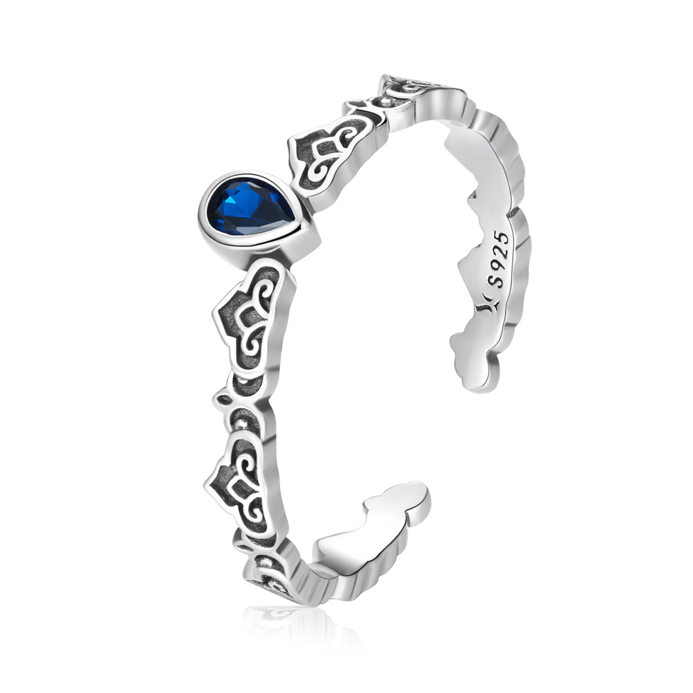 Women's Sterling Silver Retro Floral Blue Teardrop CZ Adjustable Ring, Fits Ring Sizes 6 to 9