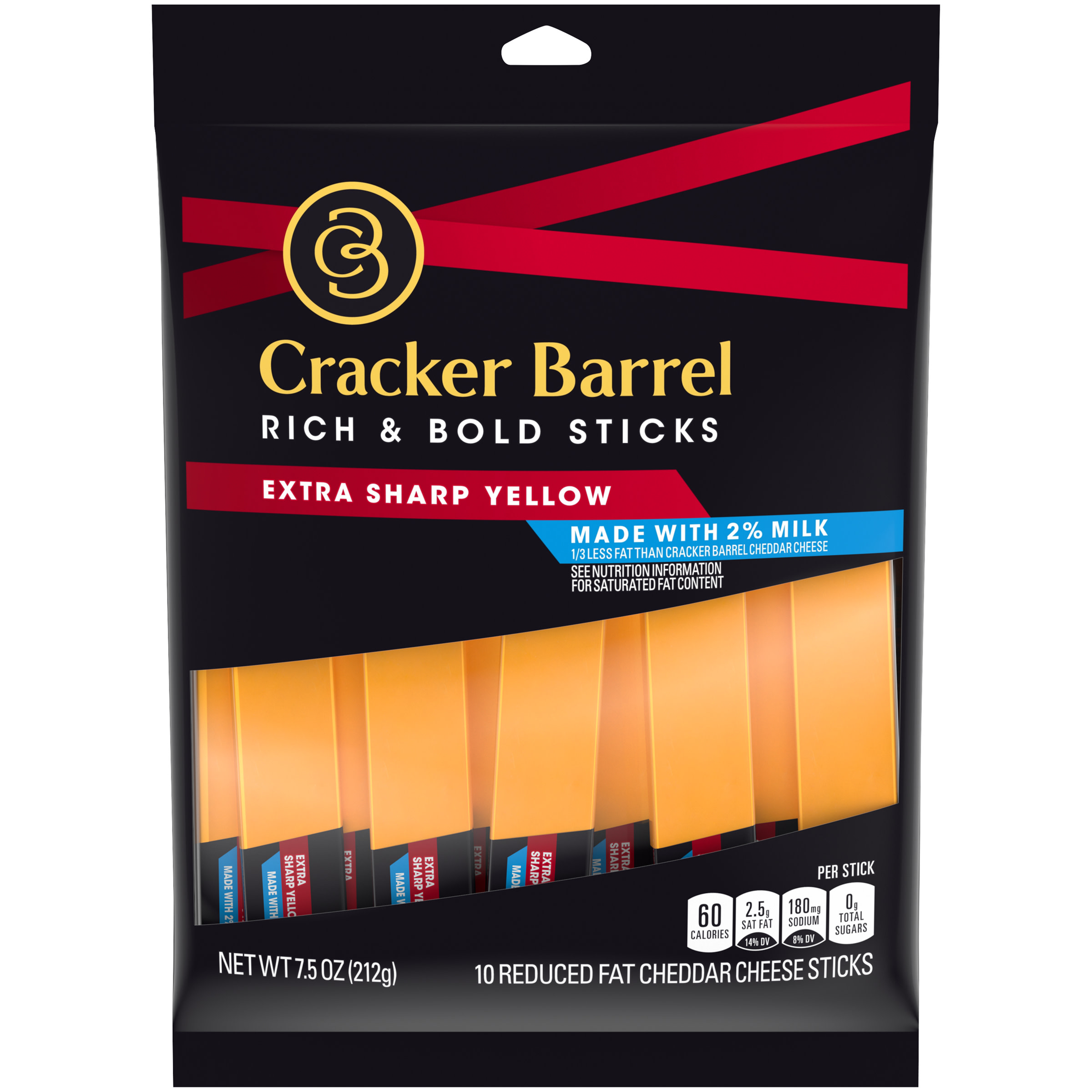 Cracker Barrel Rich & Bold Extra Sharp Yellow Cheddar Cheese Snacks with 2 Milk, 10 ct Sticks