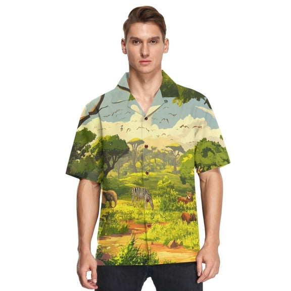 Ckdifva Jungle Animals Savanna Mens Button Down Short Sleeve Shirt Casual Shirts Beach Hawaiian Shirts