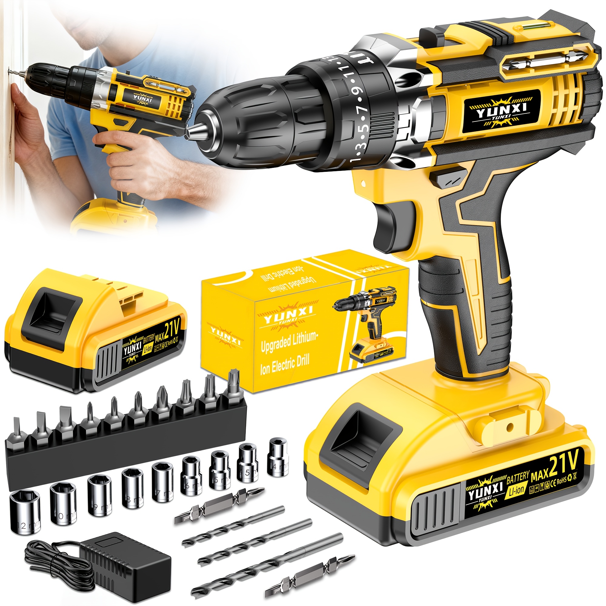 21V Cordless Impact Drill Set with 2.0Ah Battery Fast Charging, Adjustable Speed Torque Power Drill with Work Light for Home Auto Repair Men Gift