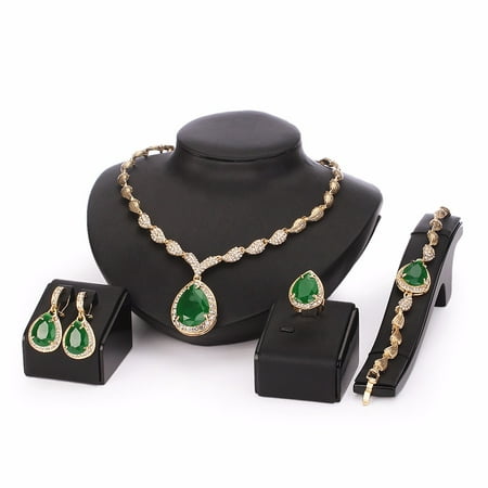 Women Gold Plated Green Cubic Zirconia Jewelry Set Necklace Earring Bracelet