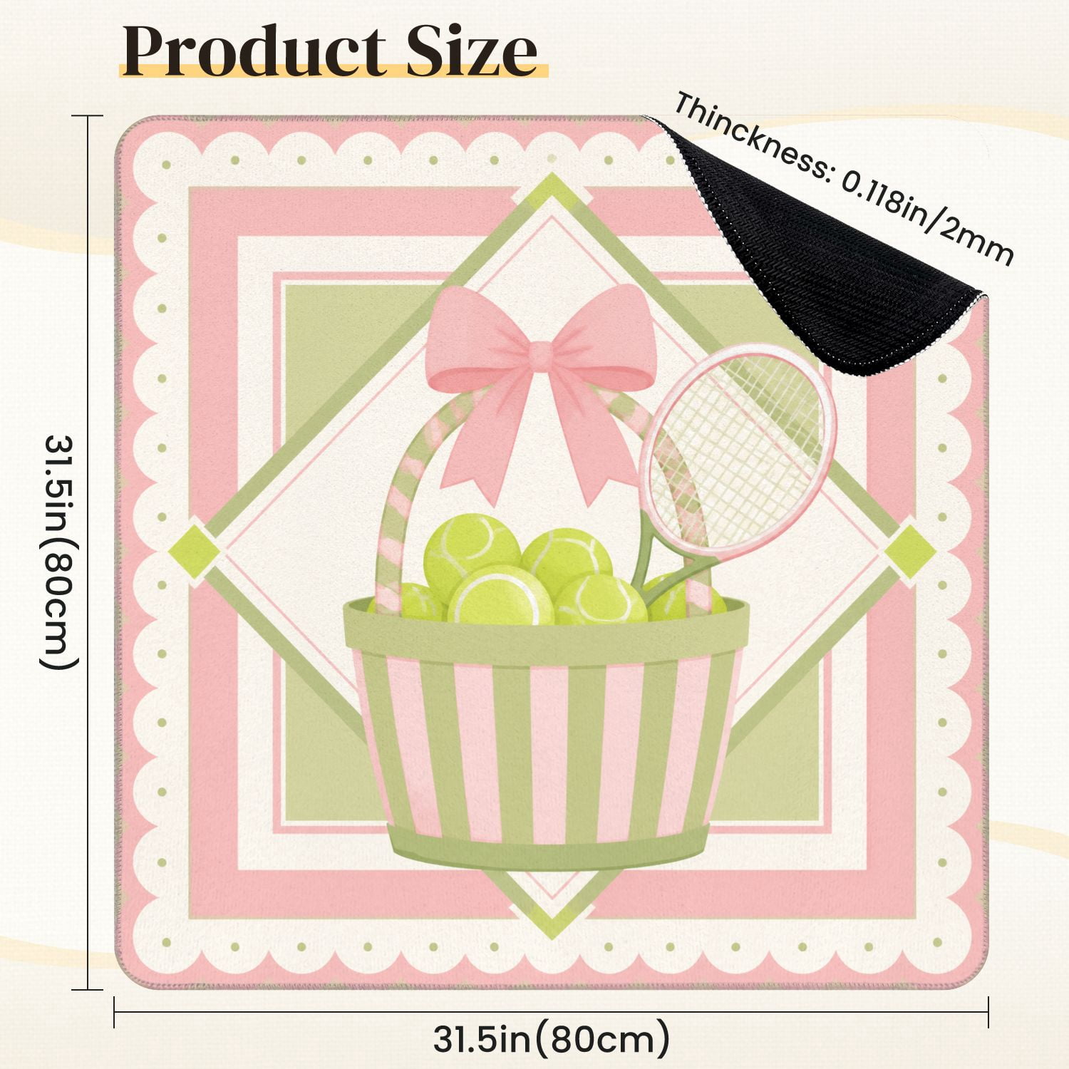 Mahjong Mat 31.5" x 31.5" Pastel Tennis Basket Green Pink Stripes Tennis Balls Racket Non-Slip Noise Reduction Mahjong Tiles Table Cover for Dominoes Poker Card Board and Tile Games