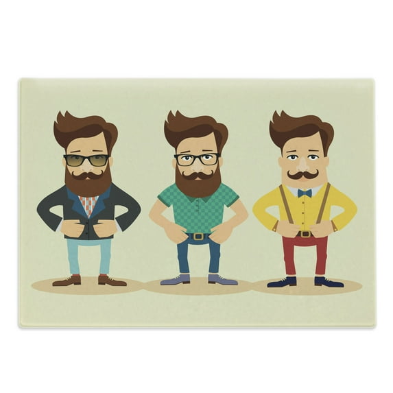 Geek Cutting Board, Hipster Fashion Themed Cartoon Image of Men Wearing Pullovers Jackets and Suspenders, Decorative Tempered Glass Cutting and Serving Board, Large Size, Multicolor, by Ambesonne
