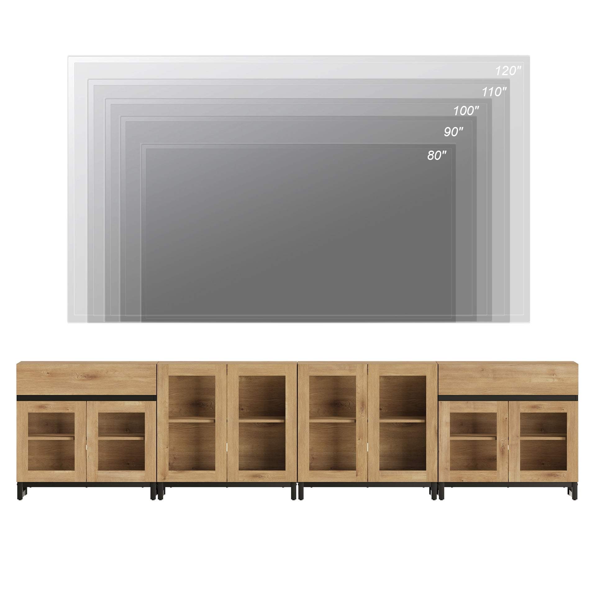 Modern TV Stand For Tvs Up To 120 Inches, 4 In 1 TV Console With Glass Doors And 2 Drawers, Entertainment Center With Adjustable Shelf For Living Room, Bedroom,Oak