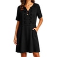 thumbnail image 3 of Summer Casual Dresses For Women Embroidered Fashion Loose-fitting Comfortable Short Sleeve Mini Dress With Button V Neck Vacation Elegant Mini Dresses With Pockets, 3 of 7