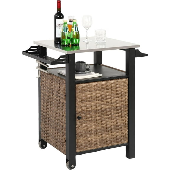 HOMEFUN Kitchen Island Cart Wicker Grill Prep Station & Stainless Steel Outdoor Serving Bar Table with Hooks Wheels Poolside Patio Grassland (Small)
