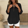 thumbnail image 5 of FAVIPT Women's Long Sleeve Cotton Tops Rolled Up Gauze Casual Shirts Curved Hem Henley V Neck Tees with Chest Pocket Black,S, 5 of 7