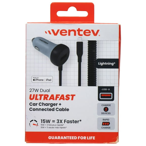 Ventev CC27-ACAPLBX-82215 27W Ultrafast Car Charger & Apple Lighting Connected Cable - Dark Gray