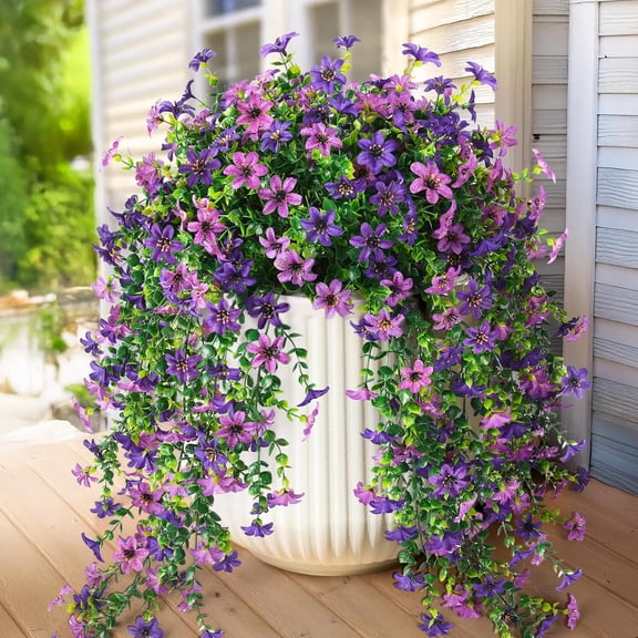 KOKLE Artificial Fake Hanging Flowers Plants for Outdoor Spring Summer Decoration, 4Pcs Faux Silk Daisy, UV Resistant Look Real for Home Planter Porch Patio Balcony Yard Decor, Double Purple