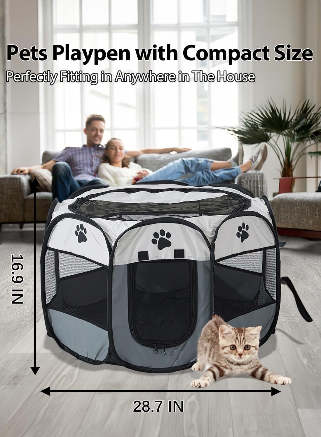 SAN LIKE 29" Portable Pets Playpen Foldable, Dog Crate with Zip, Puppy Playpen Kennel Washable, Indoor Pet Tent, Outdoor Pet Cage for Cats, Kitten, Small Dogs