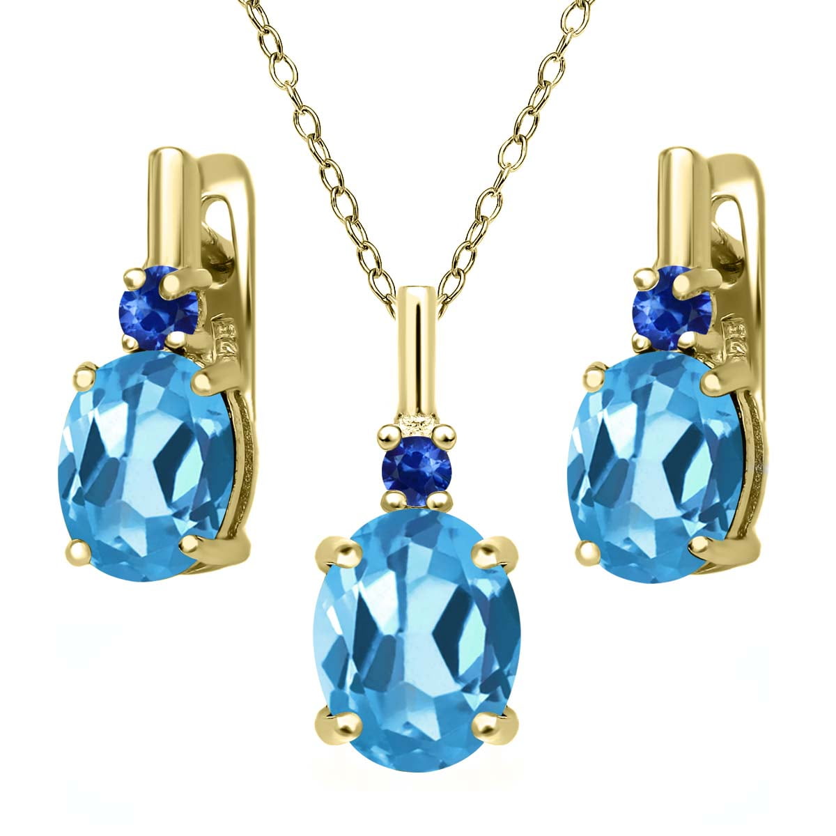 6.68 Ct Swiss Blue Topaz Blue Sapphire 18K Yellow Gold Plated Silver Pendant Earrings Set by