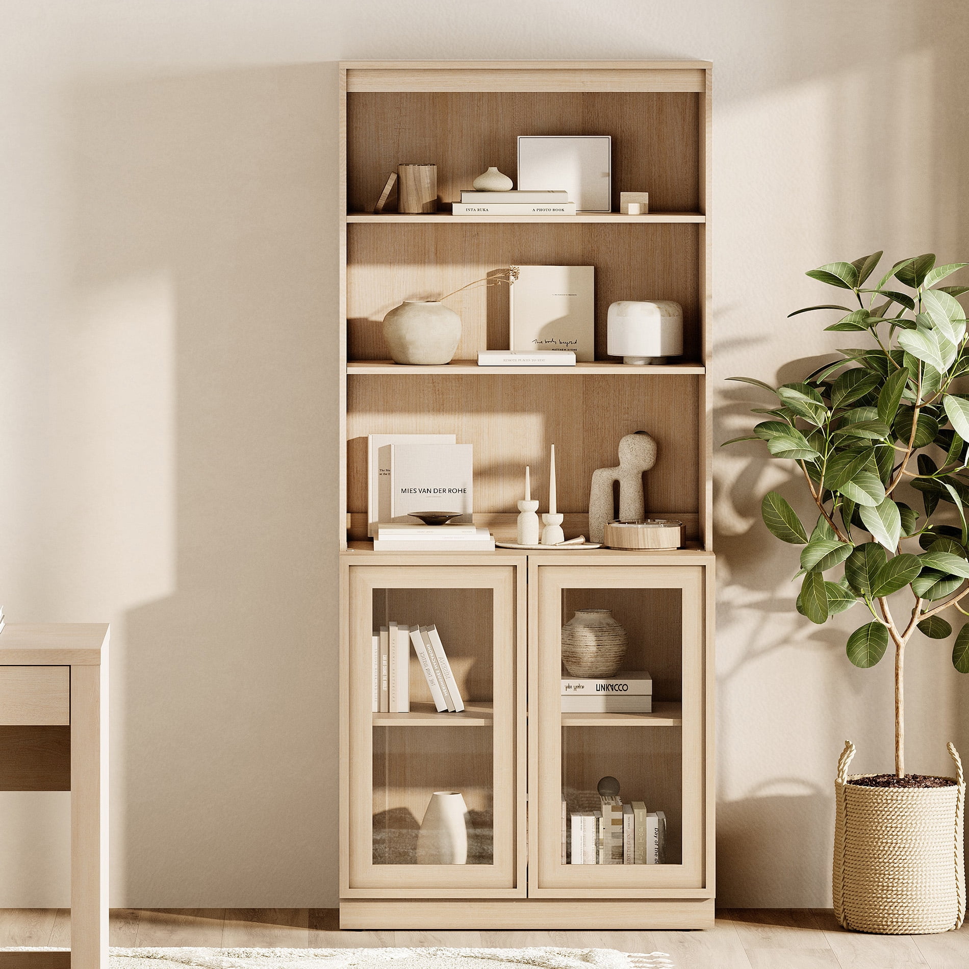 Modern 72" Tall Bookshelf with Glass Doors and Adjustable Shelves, Library Bookcase with Storage Cabinet and Open Shelves,Beige