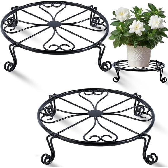 2 Pack 10" Plant Stands, Heavy Duty Metal Plant Holders, Black Round Flower Pot Support Rack, Sturdy Potted Plants Risers for Indoor Outdoor Use Corner Gardening Patio, No Assembly Required