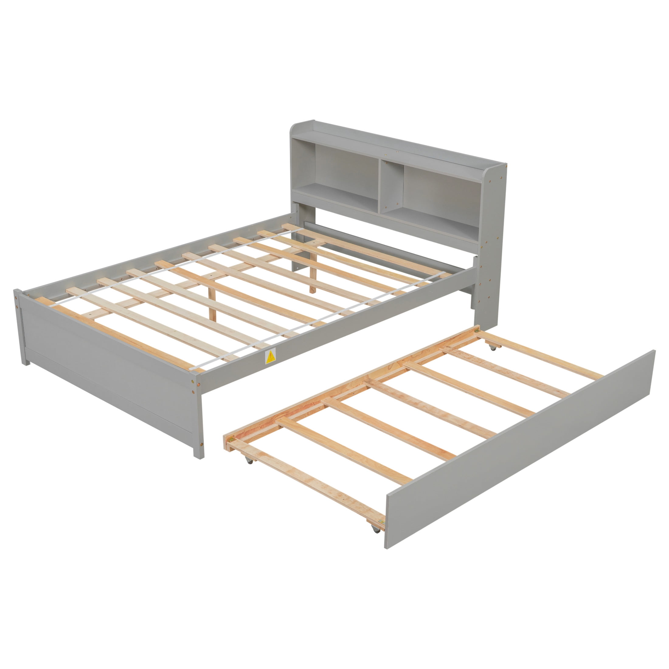 Noble House Katen Full Bed with Extra Trundle and Bookcase Storage, Pine Wood Platform Bed with Bookshelf, Gray