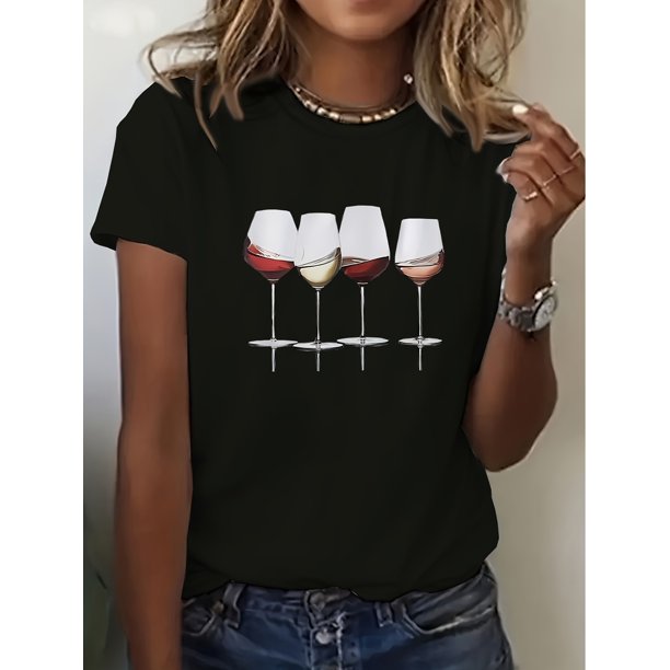 Women's Fashionable Wine Glass Print T-Shirt - Casual Crew Neck, Short Sleeve, Stretchy Polyester Blend, Machine Washable, White, Ladies T Shirts